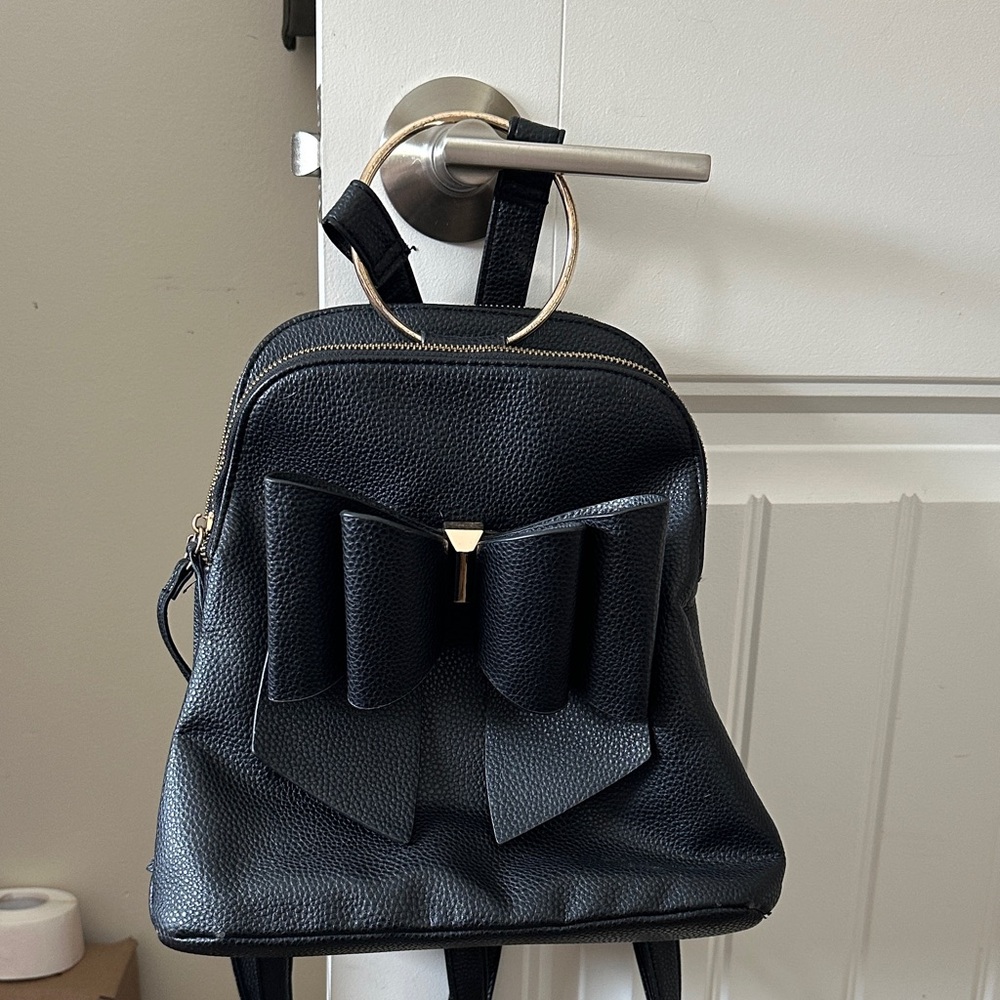 Black Mini Backpack with Bow Accent and Gold Ring Handle